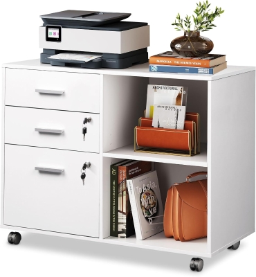 DEVAISE 3 Drawer Mobile File Cabinet,Wood Lockable Drawers Printer Stand with Open Storage Shelf fits A4 or Letter Size for Home Office, White