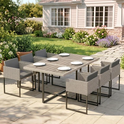 Outsunny 7 Piece Rattan Dining Set Wood-Effect Table Light Grey