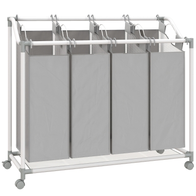 HOMCOM Wäschekorb mit 4 Fächer 160 L Wäschesammler mit Rädern, herausnehmbarer Wäschesack, 97 x 38 x 81 cm, Grau