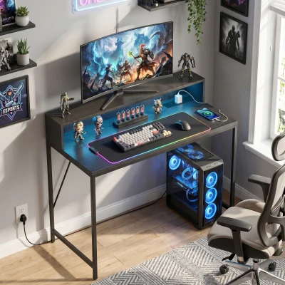 HOMCOM Gaming Desk 100cm LED Power Monitor Stand Black Wood-Effect