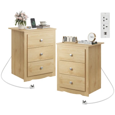 WLIVE 3-Drawer Wooden Bedside Table with Charging Station, USB Ports & Plug Sockets, Nightstand with Storage for Bedroom, Living Room, Office (2, Oak)
