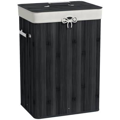 HOMCOM Wäschekorb, Wäschebox, Wäschesammler mit Deckel, Segeltuchsack, Bambus, faltbar, 72L, Schwarz 40 x 30 x 60 cm