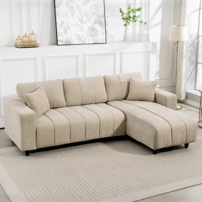 HOMCOM L-förmiges Ecksofa mit flexibler Chaiselongue, 3-Sitzer-Couch mit 2 Kissen, Metallrahmen, für Wohnzimmer, Beige