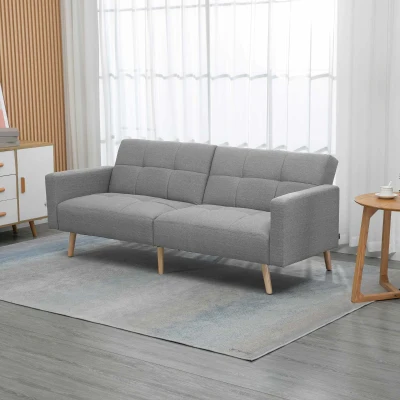 HOMCOM 2 in 1 Schlafsofa 205 x 88 cm Sofa mit Bettfunktion, Couch mit Sitzkissen, Leinenoptik Grau