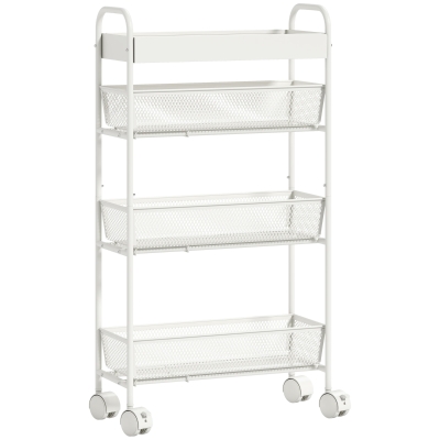 HOMCOM Küchenwagen aus Metall, 3 Körbe, schmales Design, 4 Räder, für Küche, Wohnzimmer, Badezimmer, Weiß