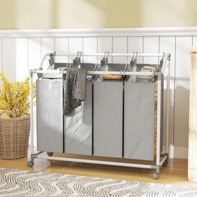 HOMCOM Wäschekorb mit 4 Fächer 160 L Wäschesammler mit Rädern, herausnehmbarer Wäschesack, 97 x 38 x 81 cm, Grau