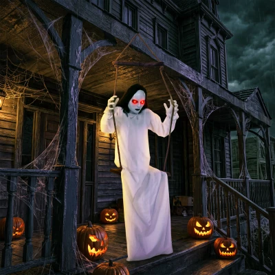 HOMCOM Animated Hanging Swing Ghost Halloween Decoration 170cm White
