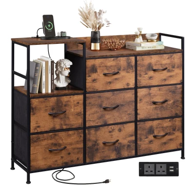 WLIVE Chest of Drawers with Charging Station, 8 Fabric Storage Drawers with Metal Frame and Wooden Top, TV Media Console Table Open Storage Shelves for Bedroom, Living Room, Hallway, Rustic Brown