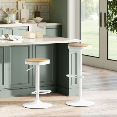HOMCOM Barhocker 2er Set, Höhenverstellbar 360° Drehbar Barstuhl mit Stahlgestell Fußstütze 38,5x38,5x60-80 cm Naturholz+Weiß