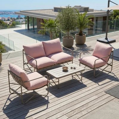 Outsunny Set da Giardino 4pz con 3 Sedute e Tavolino Rosa