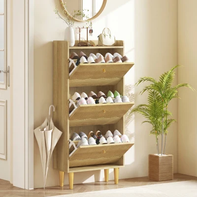 HOMCOM Armoire à Chaussures 18 Paires 3 Tiroirs Chêne 60x128cm