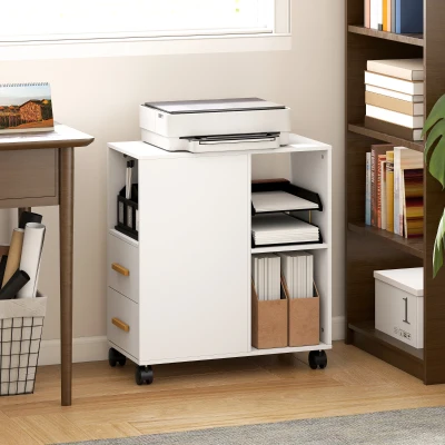 HOMCOM Druckerständer Druckertisch mit Verstellbar Ablage, Rollen für Fax Scanner 60 x 30 x 65 cm Weiß
