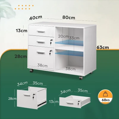 DEVAISE 3 Drawer Mobile File Cabinet,Wood Lockable Drawers Printer Stand with Open Storage Shelf fits A4 or Letter Size for Home Office, White