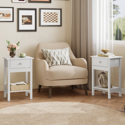 WLIVE Wooden Bedside Table, Nightstand with Shelf Drawer, Wooden Side Sofa Tables, for Small Spaces, End Tables for Living Room, Bedroom (1, White)