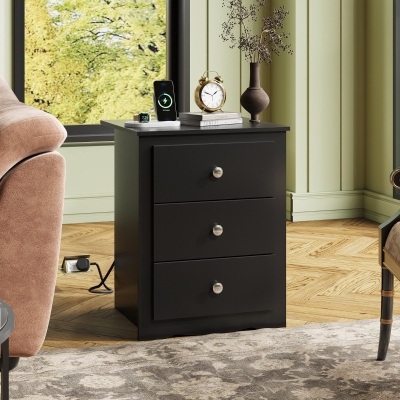 WLIVE 3-Drawer Wooden Bedside Table with Charging Station, USB Ports & Plug Sockets, Nightstand with Storage for Bedroom, Living Room, Office (1, Black)