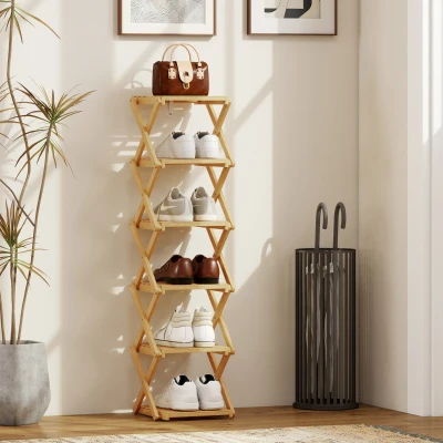 HOMCOM Schuhregal, klappbar Schuhständer mit 6 Ebenen aus Bambus, für max. 9 Paar Schuhe, 30 x 29 x 108 cm, Natur