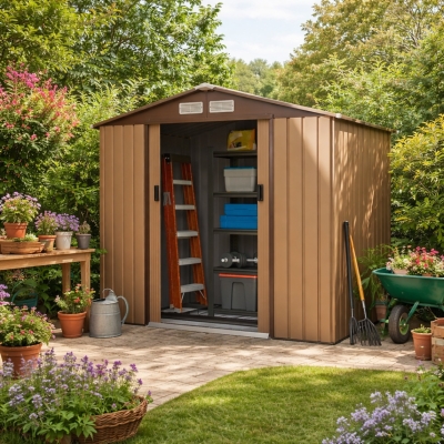 Outsunny Lockable Metal Garden Shed 7x4ft Light Brown