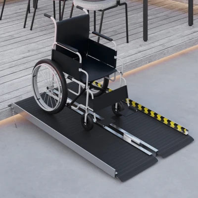 HOMCOM Rollstuhlrampe, zusammenklappbar, rutschfeste Oberfläche, vielseitig einsetzbar, tragbar, Aluminium, Schwarz