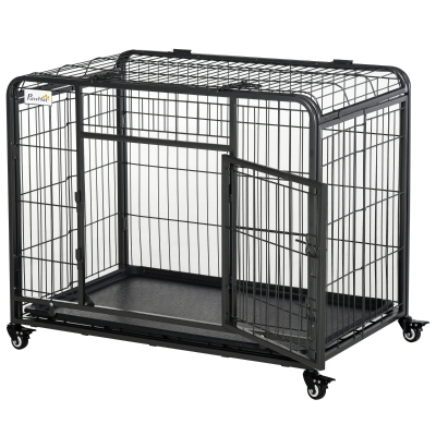 PawHut Kennel per Cani Pieghevole Porta con Blocco e Ruote Grigio