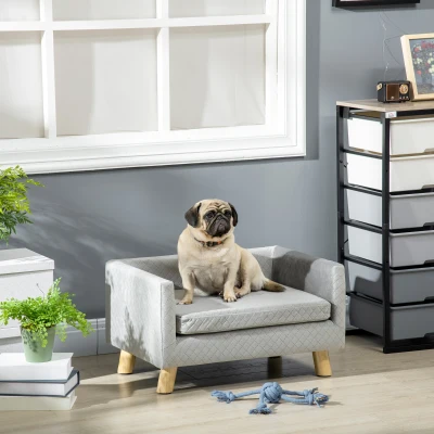 PawHut Sofá para Perros Pequeños 64x45x36 cm Tapizado en Terciopelo con Cojín Lavable y Patas de Madera de Abedul Gris Oscuro