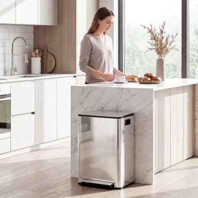 HOMCOM Mülleimer mit 2x30L Fächern, Soft-Close-Deckel, Fingerabdrucksicher, Edelstahl, Silber