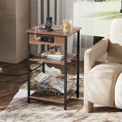 WLIVE 3-Tier Side Table, Built with Practical Charging Station and Adjustable Middle Shelf, Slim Design Fits Small Spaces, Suitable as Bedside Table for Living Room and Bedroom, Brown