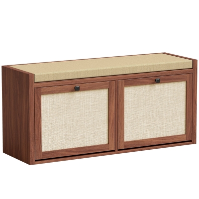 HOMCOM Rattan Shoe Bench Padded Cushion 2 Cabinets Brown