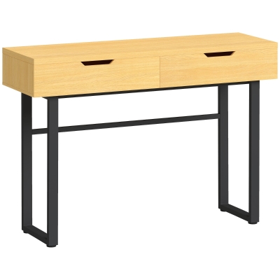 HOMCOM Konsolentisch Schmaler Flurtisch mit 2 Schubladen, Metallrahmen, für Flur 110 x 35 x 76,5 cm Natur