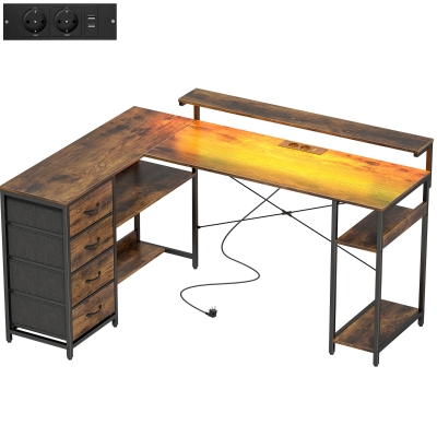 HOMCOM Gaming Tisch L-förmig Schreibtisch mit Stromanschluss LED-Beleuchtung 4 Schubladen Monitorständer 155x110x91,4 cm Braun