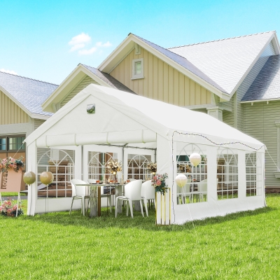 Outsunny Tenda para Festas 4x6 m com Luzes LED, Paredes Removíveis, 2 Portas e Janelas, UPF30+, Branco