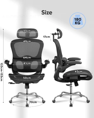 DEVAISE Ergonomic High Back Chair, Breathable Mesh Office Chair Featuring Dynamic Lumbar Support, Adjustable Headrest, 3D Armrests and 360° Swivel Function for Home Office, Black