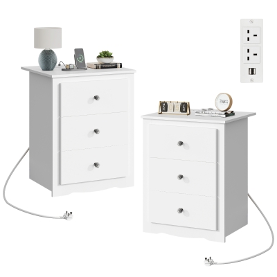 WLIVE 3-Drawer Wooden Bedside Table with Charging Station, USB Ports & Plug Sockets, Nightstand with Storage for Bedroom, Living Room, Office (2, White)