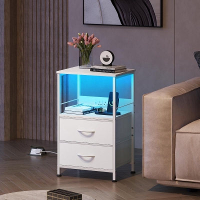 WLIVE Set of 2 White Bedside Tables, Equipped with Drawers, LED Lights and Charging Station, Multi-use Bedside Cabinet for Bedroom, Living Room and Small Spaces
