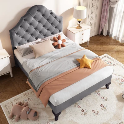 Cama tapizada con cabecero ajustable en altura y somier, sin colchón, 90×200 cm, Gris