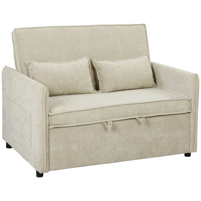 HOMCOM Canapea extensibilă 2 locuri, Canapea-pat 3 în 1 din chenille 125 cm cu spătar reglabil, șezut lat, 2 perne, Crem