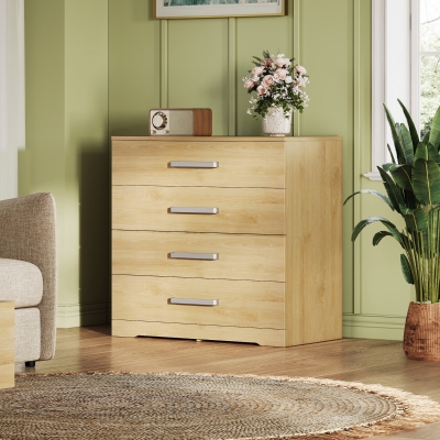 WLIVE Chest of Drawers with 4 Drawers, Metal Handles and Runners, Modern Storage Drawers for Bedroom, Kids Room, Closet, Oak