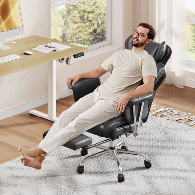 DEVAISE Ergonomic Executive Office Chair, PU Leather Chair with Telescopic Footrest and Height Adjustment, Built-in Lumbar Support, 145° Reclining Backrest Design for Office Use, Black