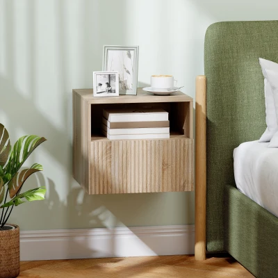 HOMCOM Nachttisch, griffloses Design, offenes Fach, Schublade, Wandmontage, Hellbraun