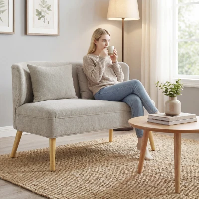HOMCOM 2-Sitzer-Sofa, kleines Chenille-Sofa mit Flügelrücken, dickem Sitz, Gummibaumholzfüßen, Beige
