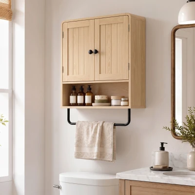 HOMCOM Wall Cabinet 2-Door Adjustable Shelf Storage Oak