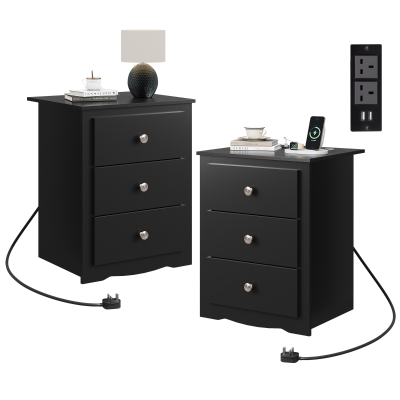WLIVE 3-Drawer Wooden Bedside Table with Charging Station, USB Ports & Plug Sockets, Nightstand with Storage for Bedroom, Living Room, Office (2, Black)