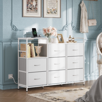 WLIVE Chest of Drawers with Charging Station, 8 Fabric Storage Drawers with Metal Frame and Wooden Top, TV Media Console Table Open Storage Shelves for Bedroom, Living Room, Hallway, White