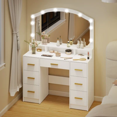 HOMCOM Schminktisch mit 10 LED-Hollywood-Lampen, Spiegel, 7 Schubladen, 3 Fächer, MDF, Weiß
