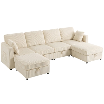 HOMCOM Modulares U-Sofa 4-Sitzer mit 2 Aufbewahrungs-Poufs in Cordvelours, 4 Kissen, Creme