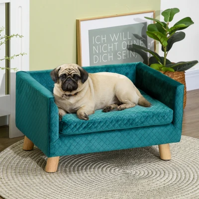 PawHut Sofá para Perros Pequeños 64x45x36 cm Tapizado en Terciopelo con Cojín Lavable y Patas de Madera de Abedul Azul Verdoso