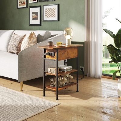 WLIVE Side Table with Charging Station, 3-Tier End Table with Drawer and Flip Top, Comes with USB Ports and Outlets, 60x30x62cm for Living Room and Bedroom, Rustic Brown