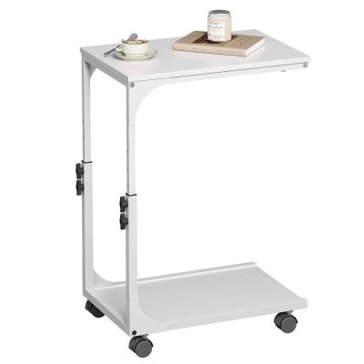 WLIVE Height Adjustable C-Shaped Side Table, Sturdy Steel Frame Sofa Table with 4 Lockable Wheels, Ideal for Living Room, Bedroom and Small Spaces, White
