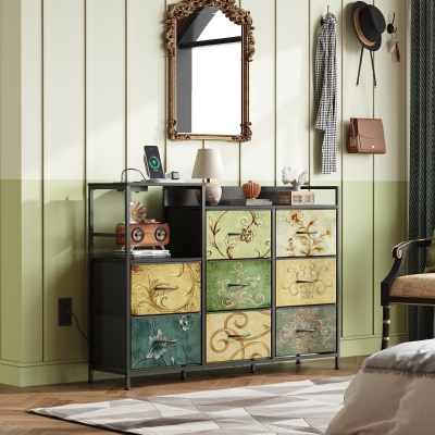 WLIVE Chest of Drawers with Charging Station, 8 Fabric Storage Drawers with Metal Frame and Wooden Top, TV Media Console Table Open Storage Shelves for Bedroom, Living Room, Hallway, Retro