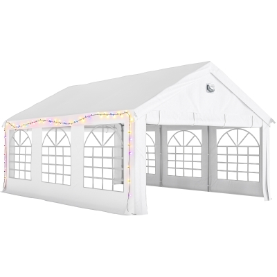 Outsunny Carpa para Fiestas 4x6 m Carpa de Jardín con Luces LED Paredes Extraíbles 2 Puertas y Ventanas UPF30+ para Boda Blanco