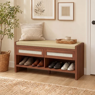 HOMCOM Shoe Bench Rattan Drawers Cushioned Seat Brown